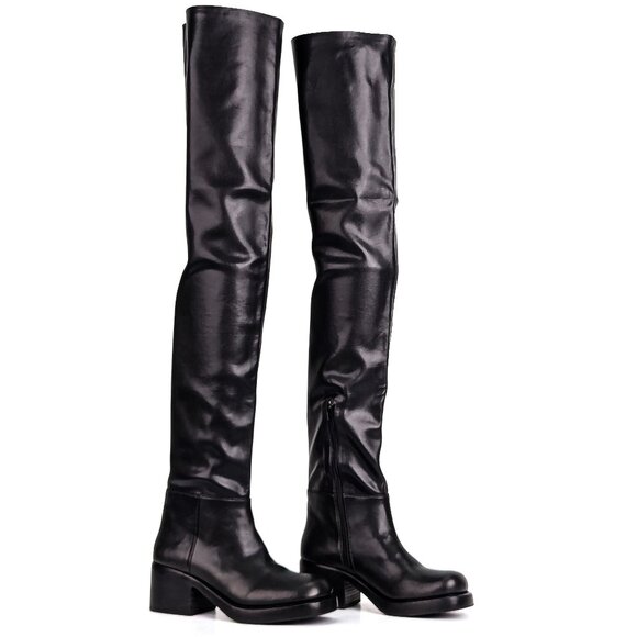 Jeffrey Campbell Women Reflect Square Toe Black Vegan Thigh High Boots sz 7.5